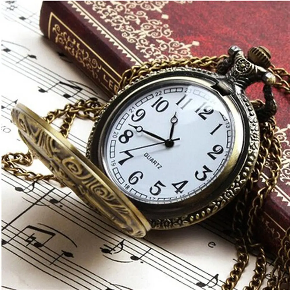 Unisex Antique Case Vintage Brass Rib Chain Train Pattern Clock Quartz Pocket Watch 1