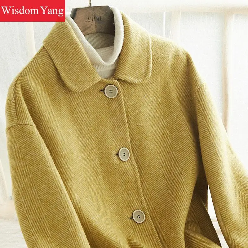 Laine Rayé Mouton Manteau Hiver Coréenne Alpaga Manteaux Longues 2018 Dames Élégant Yellow Coat Survêtement Jaune Femmes Occasionnel Pardessus Chaud De 4LRq35Aj