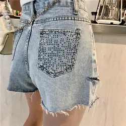 Уличная Джинсовые шорты для Для женщин 2019 Лето Высокая Талия рваные дырявые джинсовые шорты с кисточкой карманы джинсовые мини-шорты