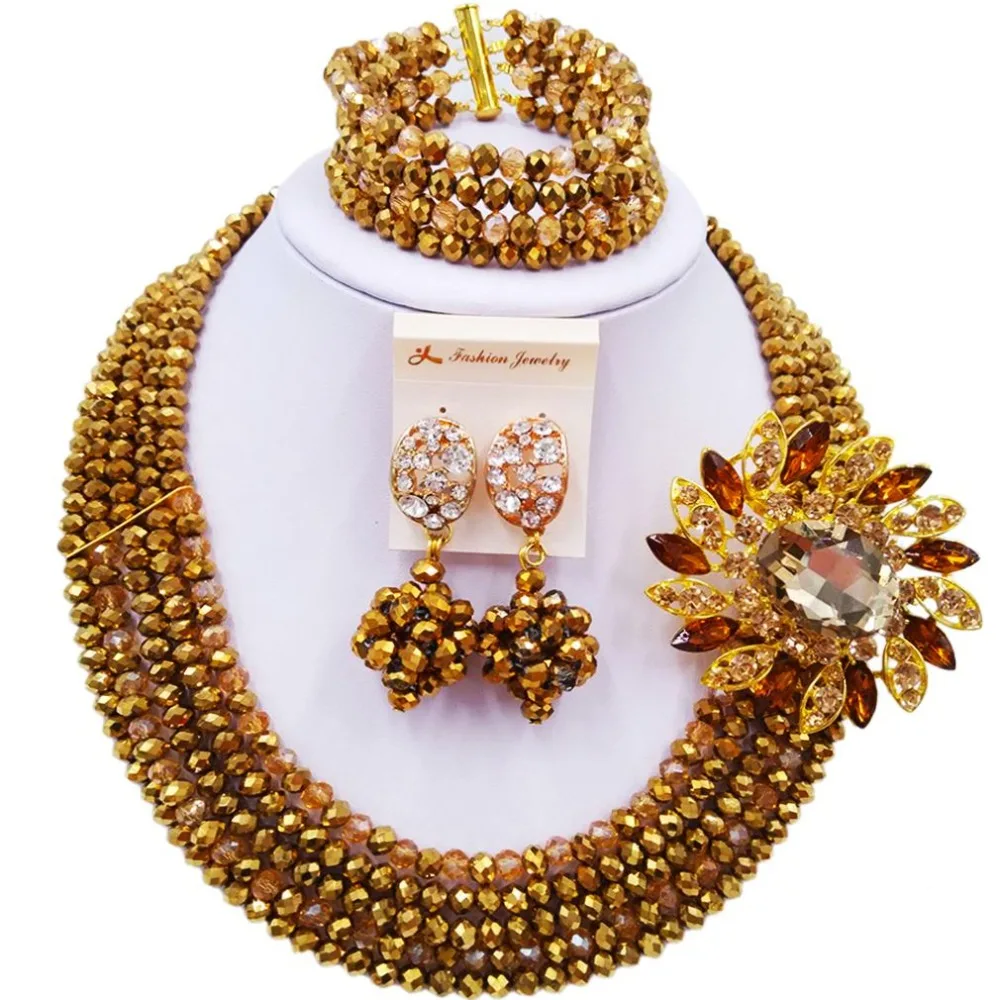 5 Rows Nigerian Necklace African Beads Crystal Wedding Jewelry Sets for Women  (56)