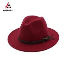 QIUBOSS, австралийская шерстяная фетровая шляпа с широкими полями, британский джаз, унисекс, для мужчин и женщин, Панама, фетровая шляпа с кожаным ремешком QB32