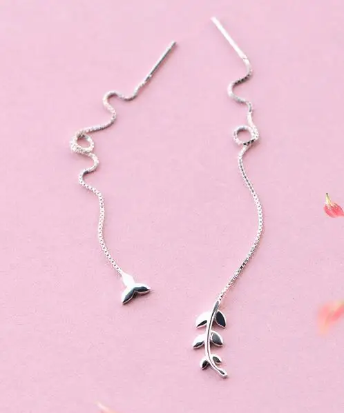 

Asymmetric earrings Real. 925-STERLING-SILVER pull through Olive of Leaf branch threader Dangle Earrings GTLE1201