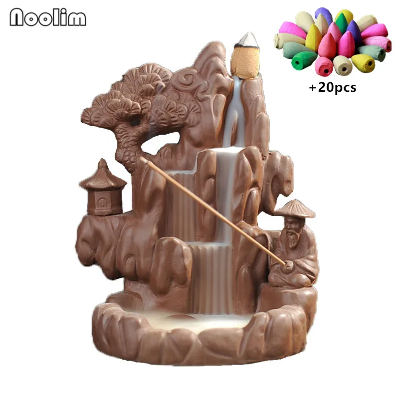 

Ceramic Backflow Incense Burner Mountain Smoke Waterfall Fragrance Aromatherapy Censer Home Office Decor + 20pcs Incense Cones