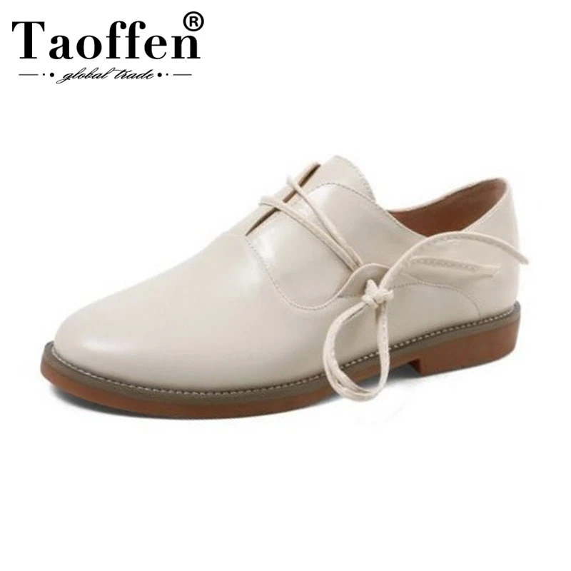 

TAOFFEN High Quality Women Real Leather Flats Shoes Fashion Lace Up Solid Color Shoes Simple Women Office Shoes Size 34-39