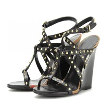 2015 nach Maß Frauen Sandalen Wedges High Heels Ankle Strap T-strap Decorated Mit Nieten Öffnen damen Schuhe