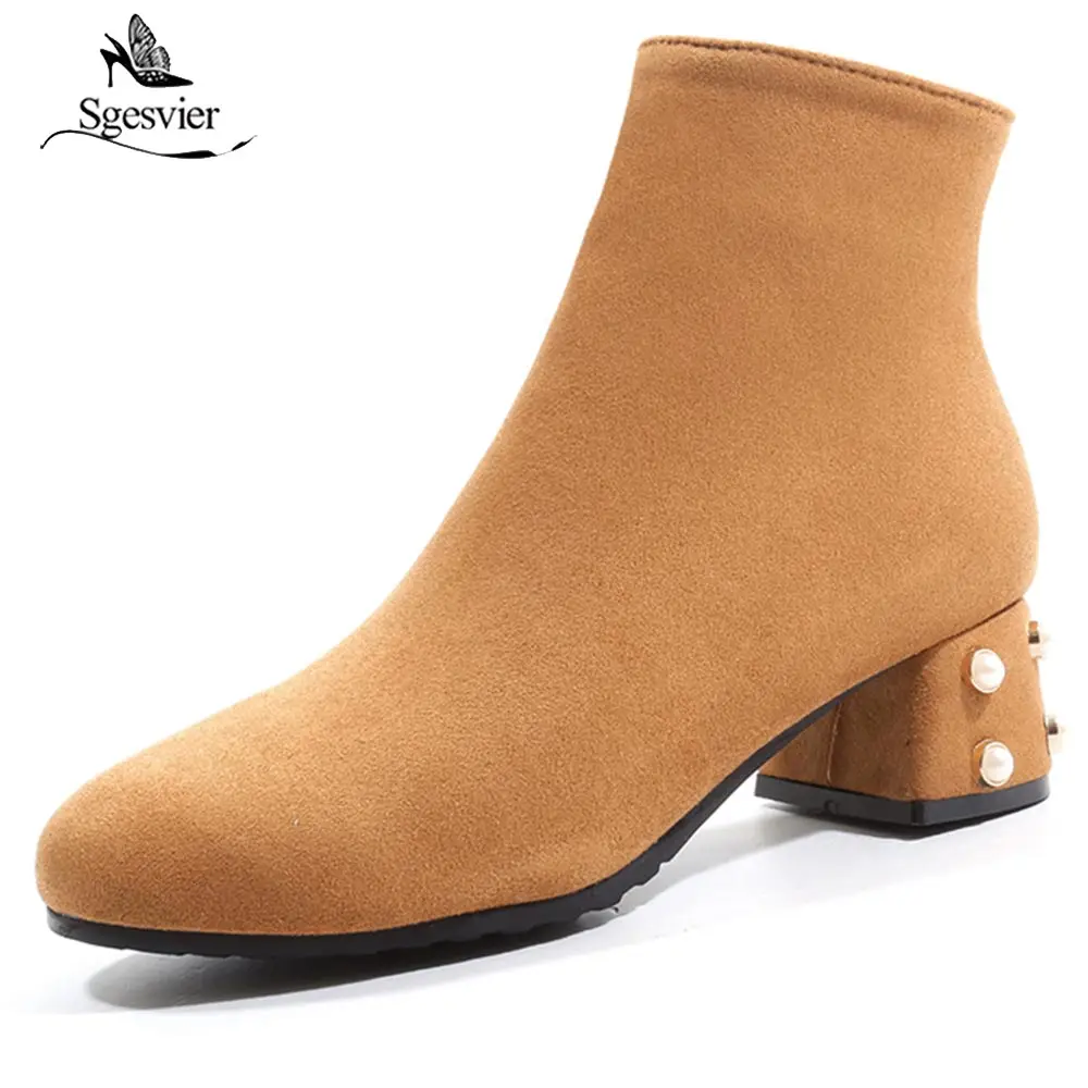 

Sgesvier Booties Design Block Ladies Med Heel Zipper Boots Women Autumn Winter Ankle Chelsea Boots Black Yellow Pink Shoes B775