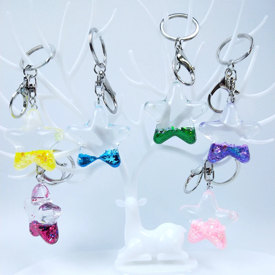 

Five-Pointed Star Sequin Acrylic Key Chain Move Glitter Quicksand Liquid Keyring Bag Pendant For Couples Women Men Keychain Gift