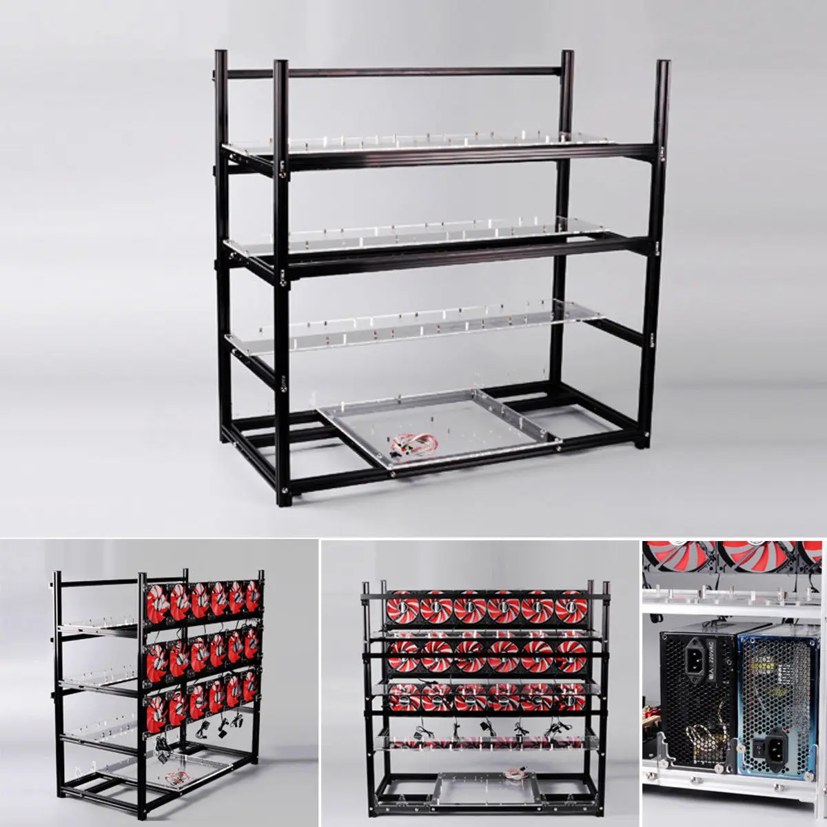 Silver Mining Rig Aluminum Stackable Case Open Air Frame ETH/ZEC/Bitcoin Hold 19 GPUs Supports 18 Fans