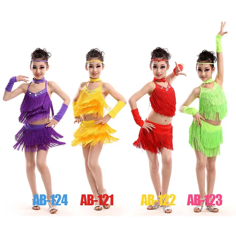 

New kids salsa dresses sequin latin dance dress for girls fringe dancing dancewear stage samba junior ballroom standart costumes