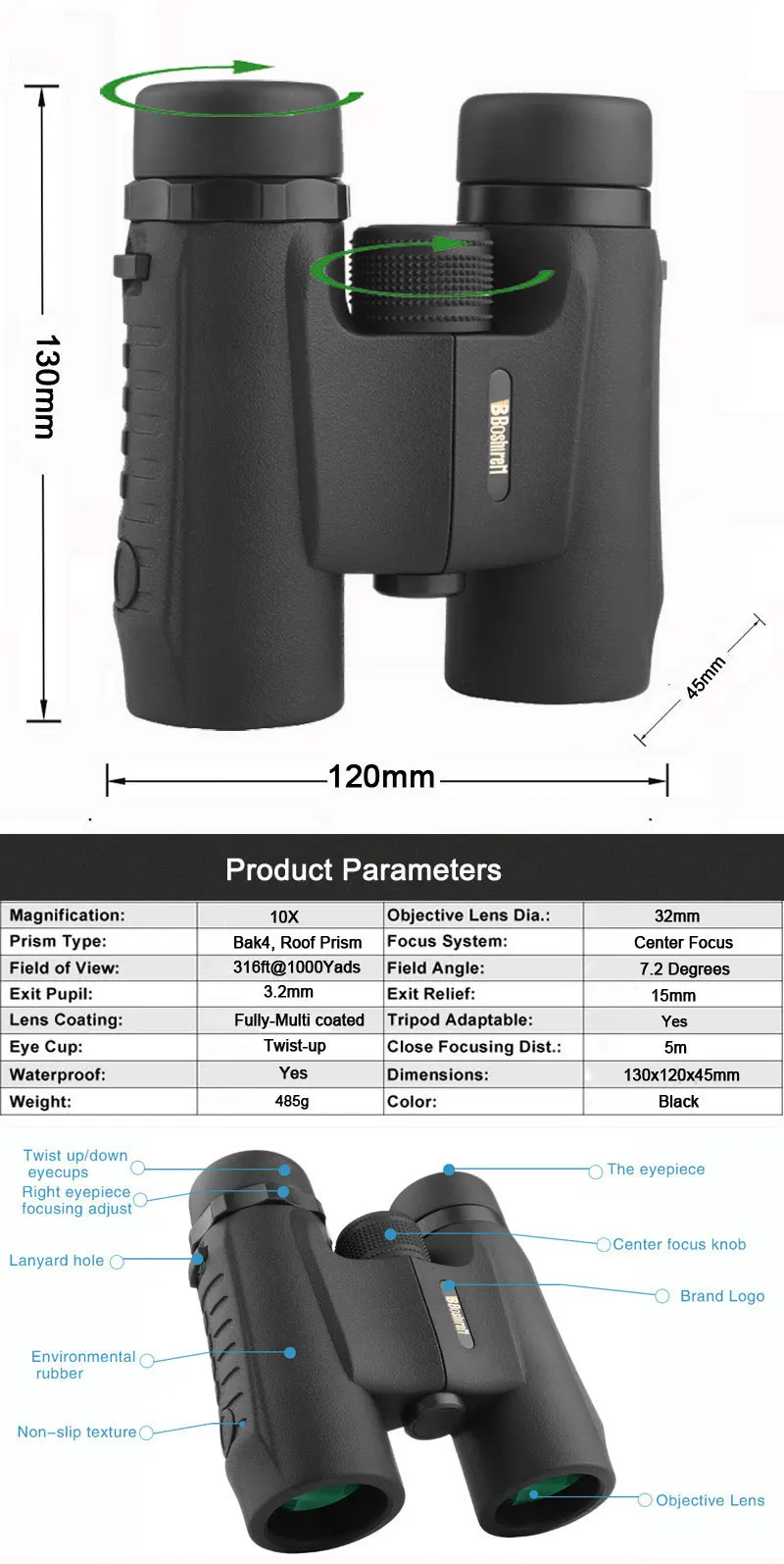 Boshiren Militar Compact 10x32 HD Telescópio Binóculos