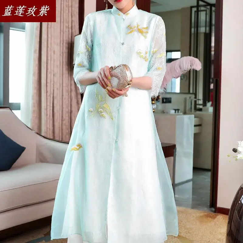 

Chinese style women retro loose spring and summer long dress qipao Ladies fashion mesh embroidery stand collar dresses female