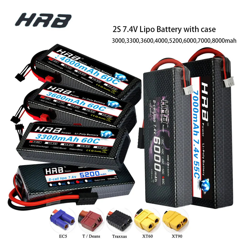 

HRB 2S 7.4V RC Lipo Battery 3300mah 4200mah 6000mAh 7000mah 8000mah 100C Hard Case For Traxxas 1/10 Scx10 1/12 RC Monster Cars