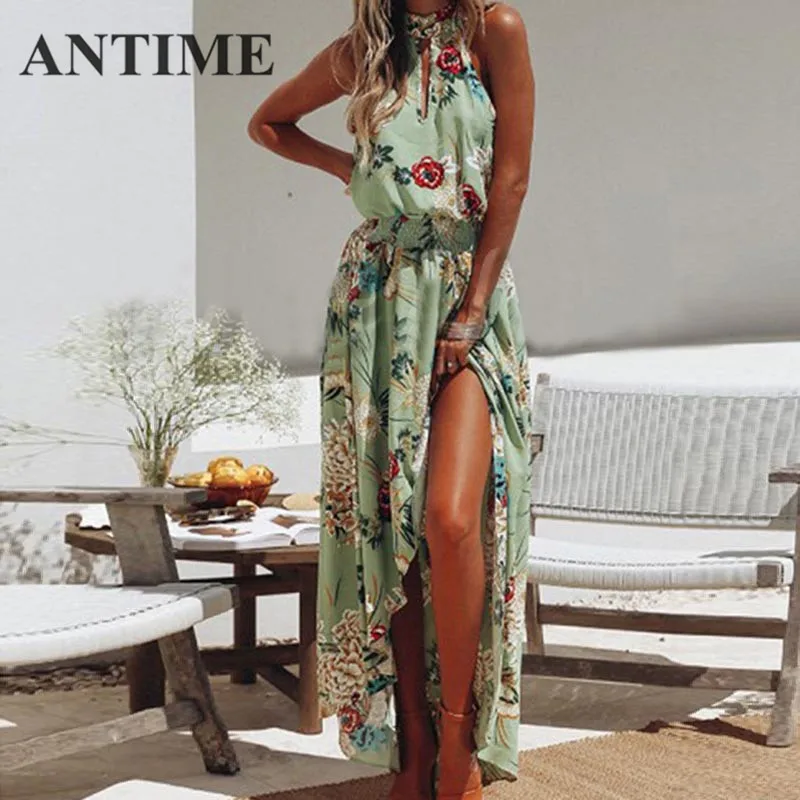

ANTIME Long Fashion Green Dress Split Adjustable Waist Floral Halter Spring Summer Casual Beach Style Generous Maxi New Dresses