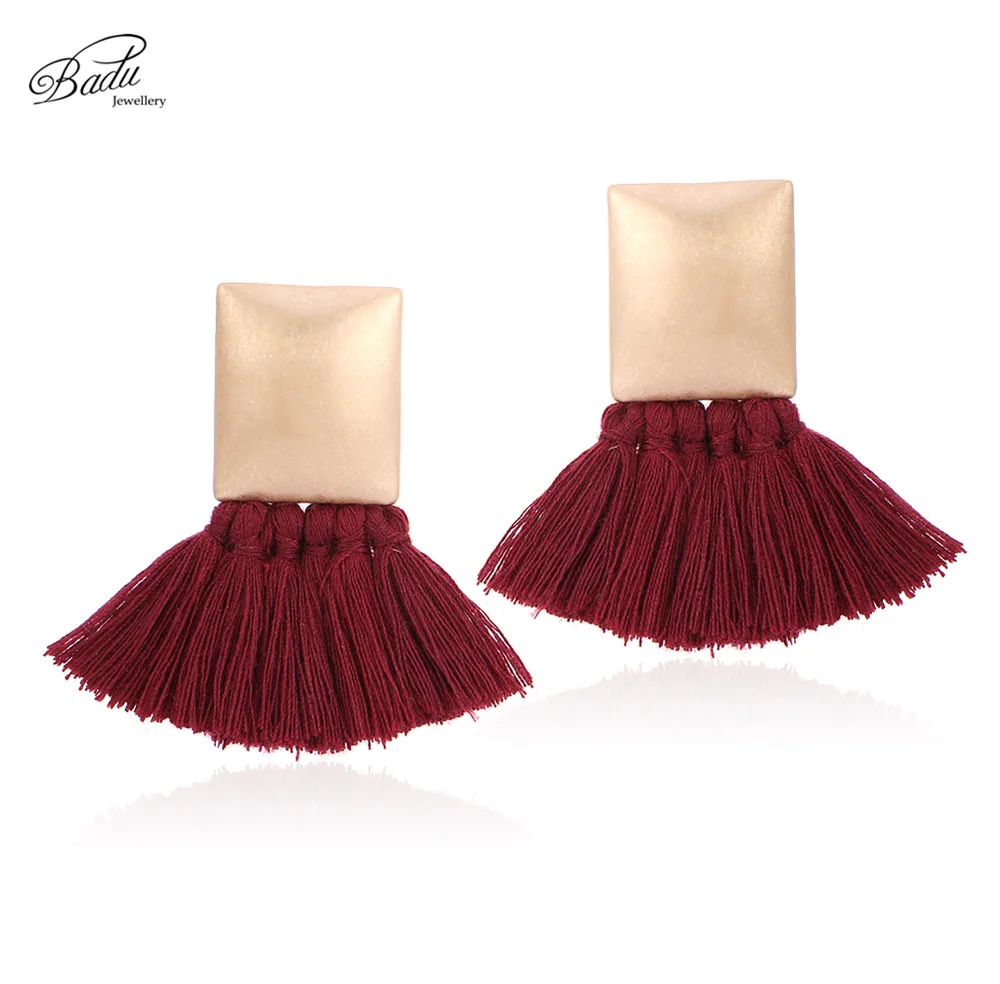

Badu Dark Red Cotton Tassel Stud Earrings for Women Vintage Fashion Jewelry for Autumn Winter Earrings Gold Silver Studs Gift