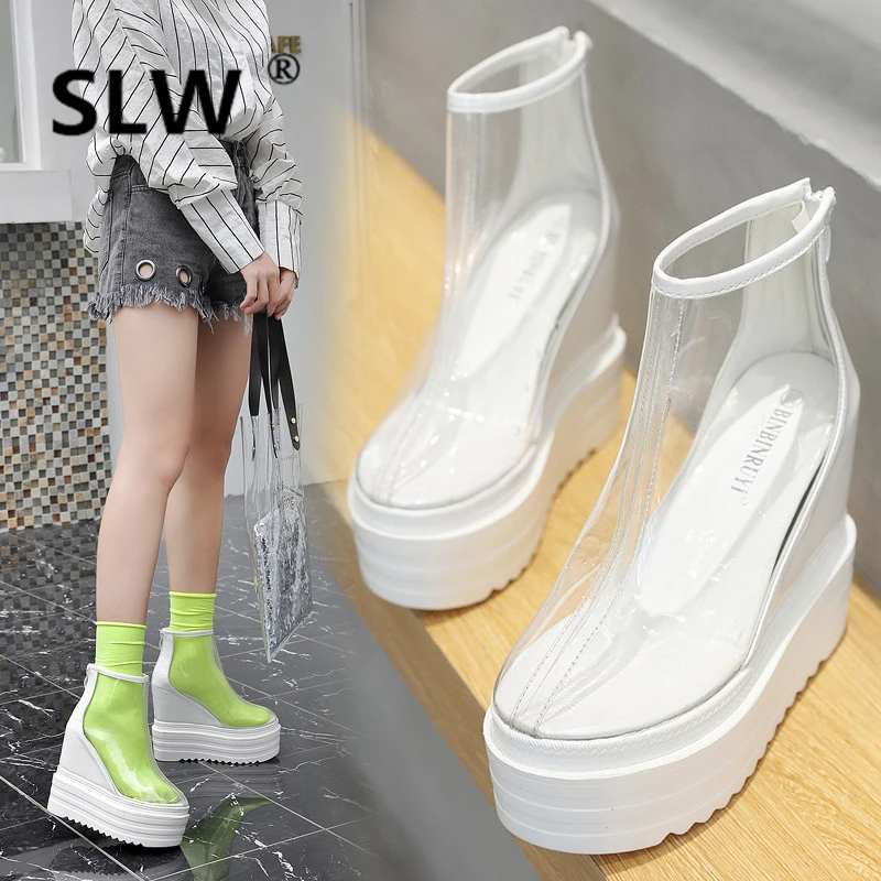 

Wedge Shoes Booties Woman Round Toe Lolita Boots Crystal Clogs Platform Luxury Designer Transparent Heel Femme Lace Up Ladies