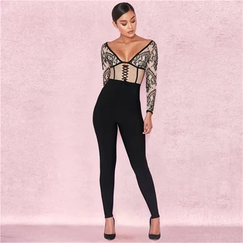 

High Quality 2020 Jumpsuit Sexy Celebrity Full Print Lace Deep V Neck Women Vintage Patchwork Bandage Party Bodysuit Jumpsuit