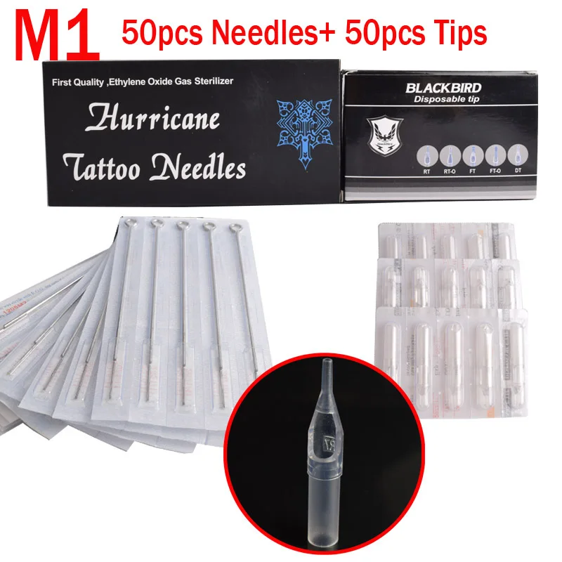 100pcs/lot M1 Disposable Tattoo Needles With Tips Set 50pcs Assorted Sterilized Needles Tattoo+