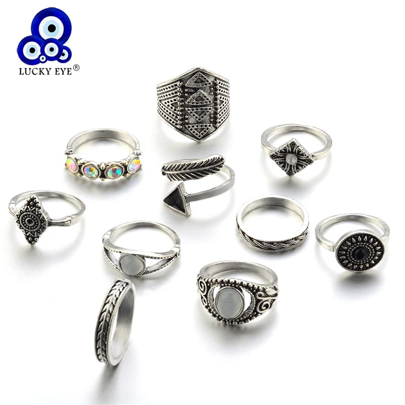 

Lucky Eye Vintage Bohemian Rings Set For Women Stackable Rings Geometric Crystal Ring Set Midi Finger Jewelry Party LE01