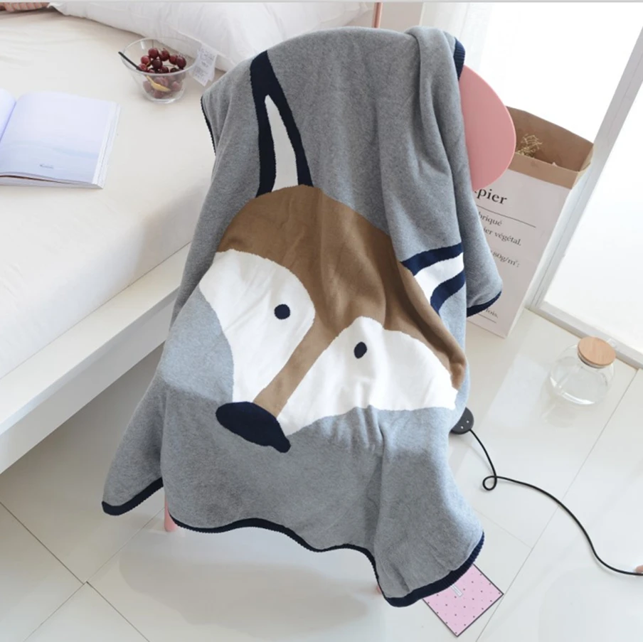 

Cotton Knitted Baby Blanket Handmade Double Layer Woolen Soft Play Blankets Newborn Cartoon Rabbit Fox Bedding Swaddle 120*90cm