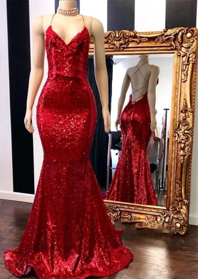 

Hot Sell Shining Sequins Red Mermaid Evening Dresses Sexy Criss Cross Backless Long Formal Party Prom Gowns Celebrity Dresses