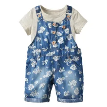 Комплект детской одежды для девочек, топы с короткими рукавами+ джинсовые комбинезоны, костюм брюки с цветочным принтом, одежда для маленьких девочек, летние повседневные Комбинезоны