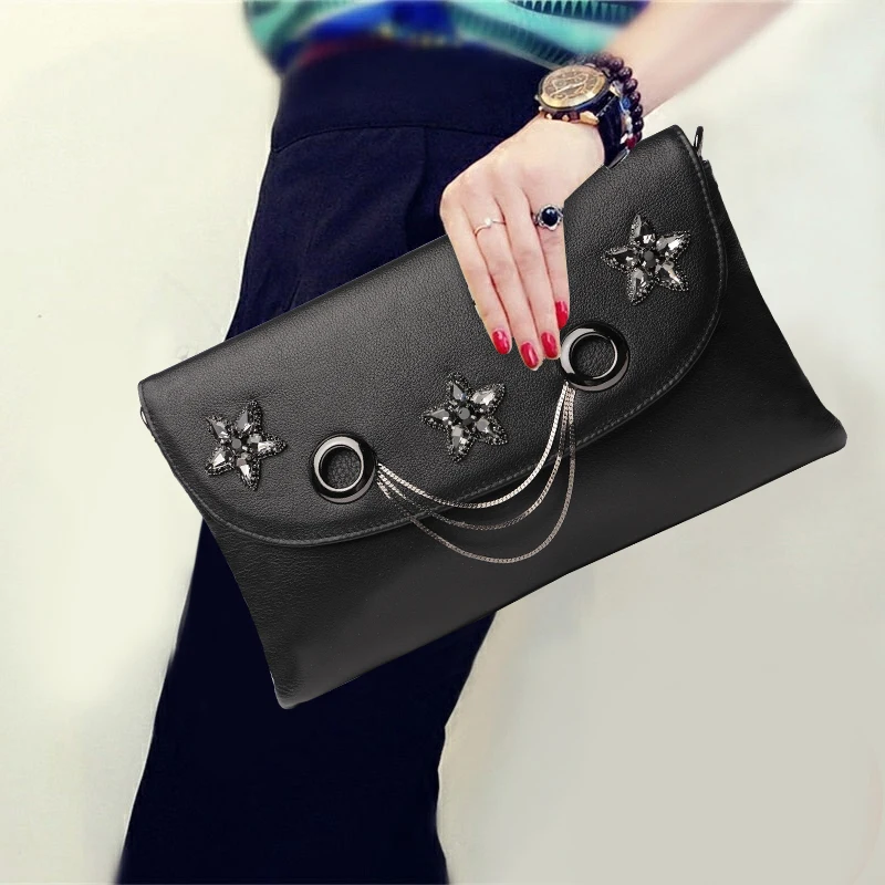 

Fashion Solid Color Clutch Wallet Star Decoration Genuine Leather Top Leather Big Purse Elegant Women Shoulder Bags Sent Friends
