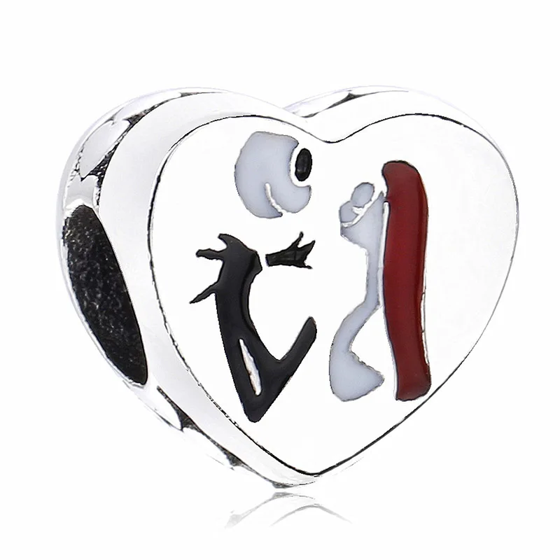 

New 925 Sterling Silver Bead Charm Heart Shape Enamel Jack & Sally Meant To Be Beads Fit Pandora Bracelet Bangle Diy Jewelry