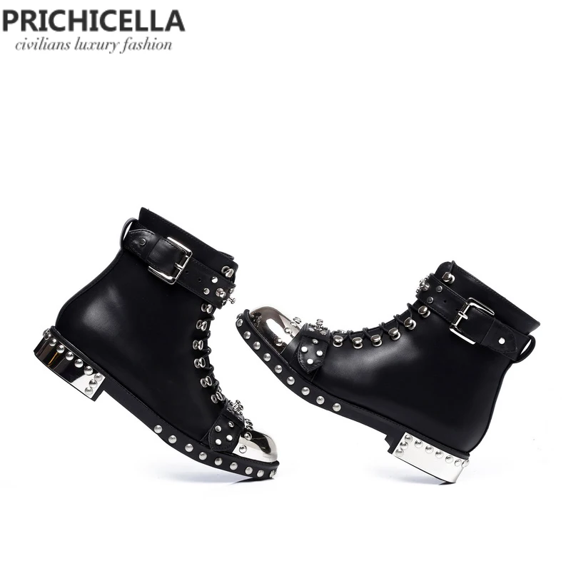 PRICHICELLA/качественные черные ботильоны на плоской подошве из натуральной кожи на шнуровке с шипами; зимние ботинки в байкерском стиле
