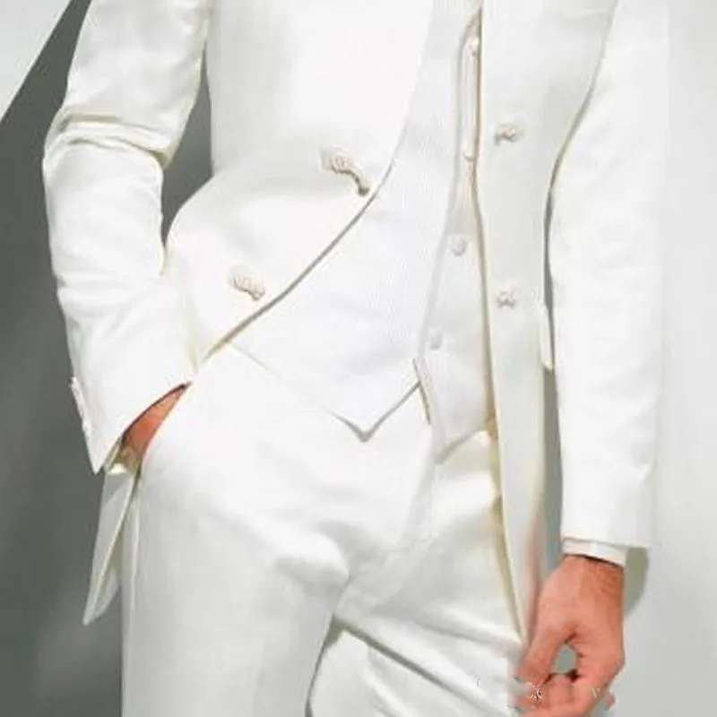 Винтаж Длинные белые свадебные смокинги для жениха 2018 3 предмета индивидуальный заказ Формальные Мужские костюмы (куртка + брюки девочек