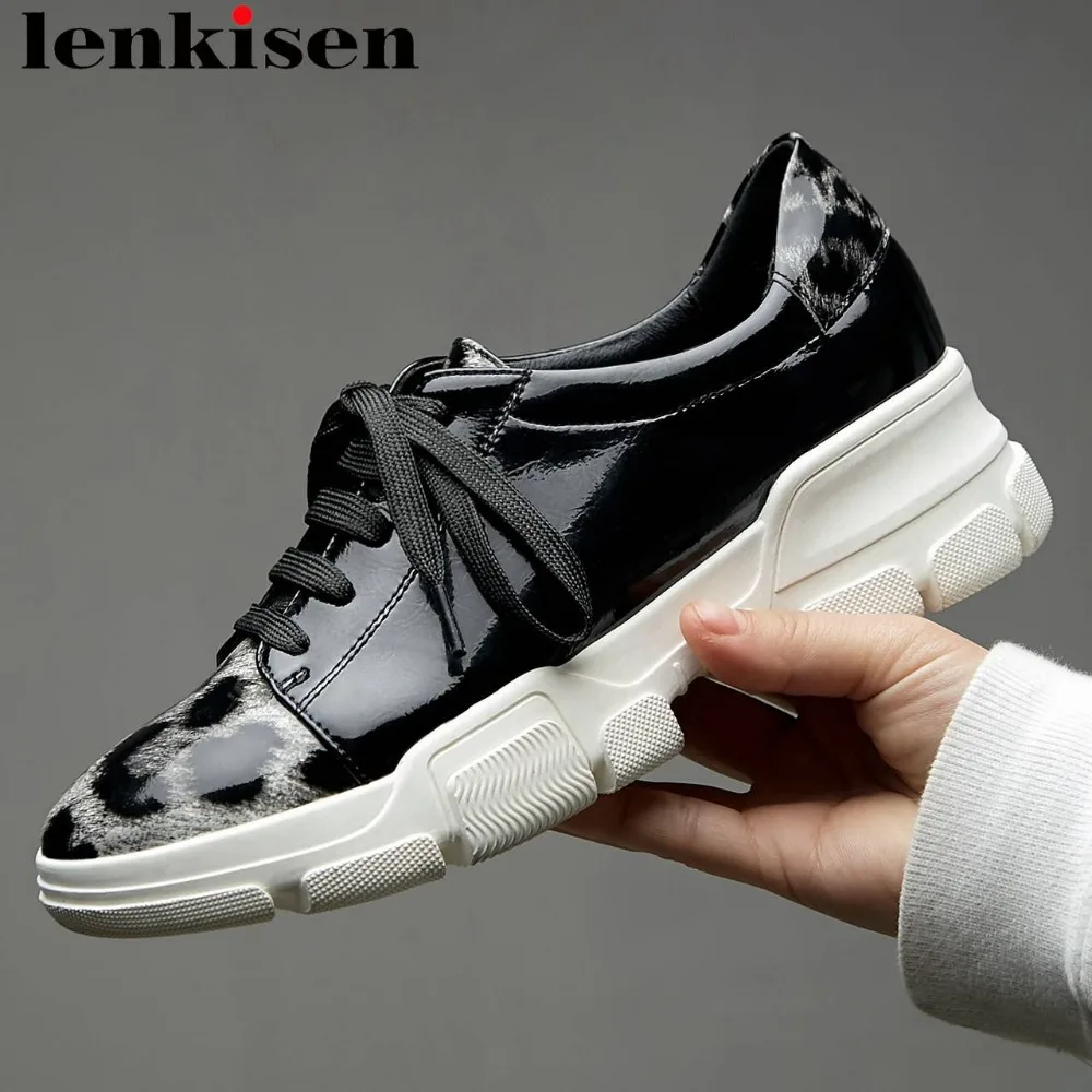

Lenkisen leopard lace up sneakers thick bottom platform high quality British style mixed colors casual wear vulcanized shoes L37