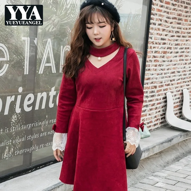 

New Large Size Women Autumn Winter Warm Suede Dress V-Neck Beading Lace Long Sleeve Elegant Loose Fit Party Dress Ladies Clothes