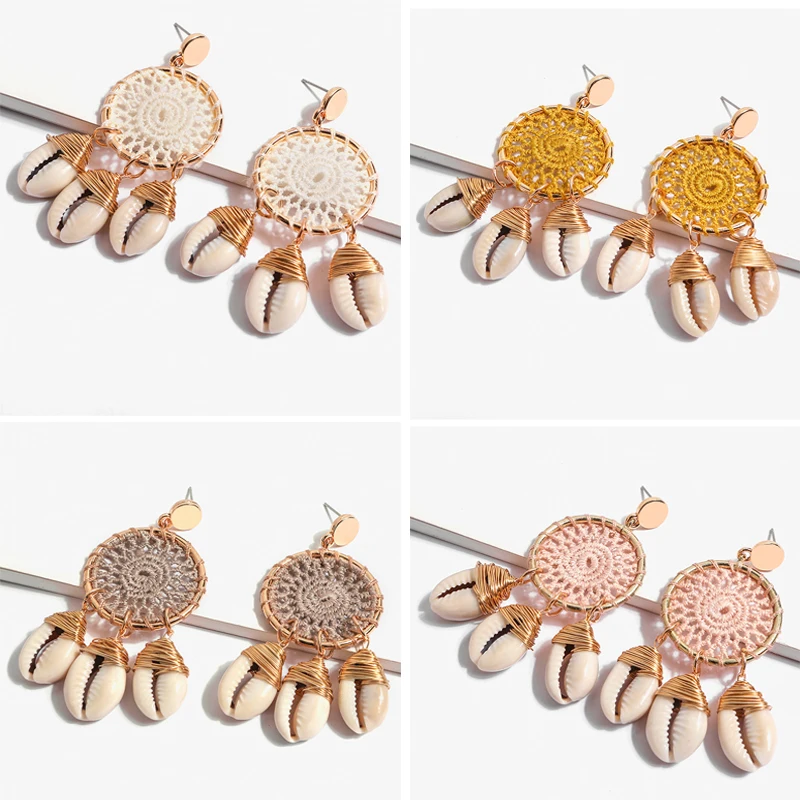 

Bohemia shell Earrings for Women Handmade Round Disc Crochet Long Earring Beach Earing Boucle D'oreille Coquillage