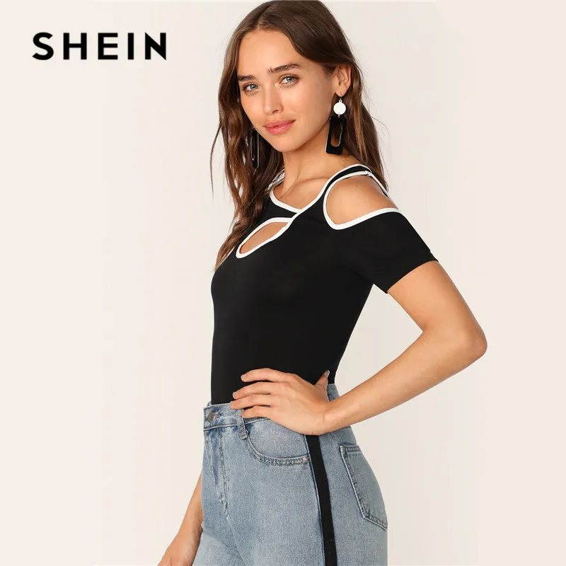 SHEIN Черная Спортивная контрастная облегающая футболка с вырезами женская летняя повседневная облегающая Асимметричная футболка с вырезом Женские топы