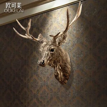 

European Home Furnishing retro deer head office desk entrance wall resin handicraft study pendant living room decoration