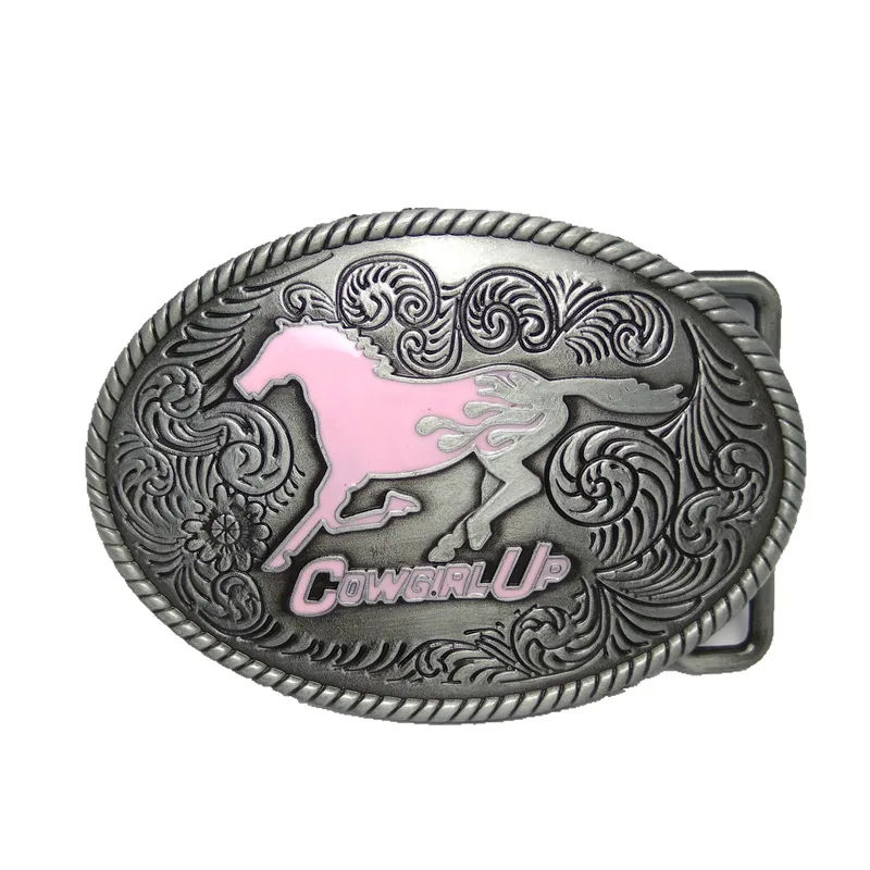 Western Cowgirls Belts Accessories oval pink horse cowgirl up metal belt buckle Retail wholesale ...