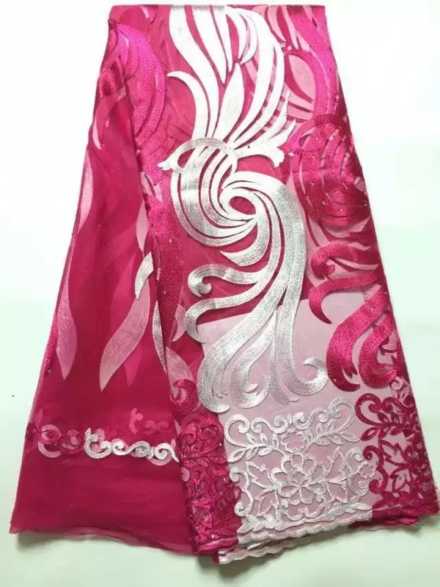 

5 Yards/pc Beautiful fuchsia french net lace and white embroidery african mesh lace fabric for dress JY4-9