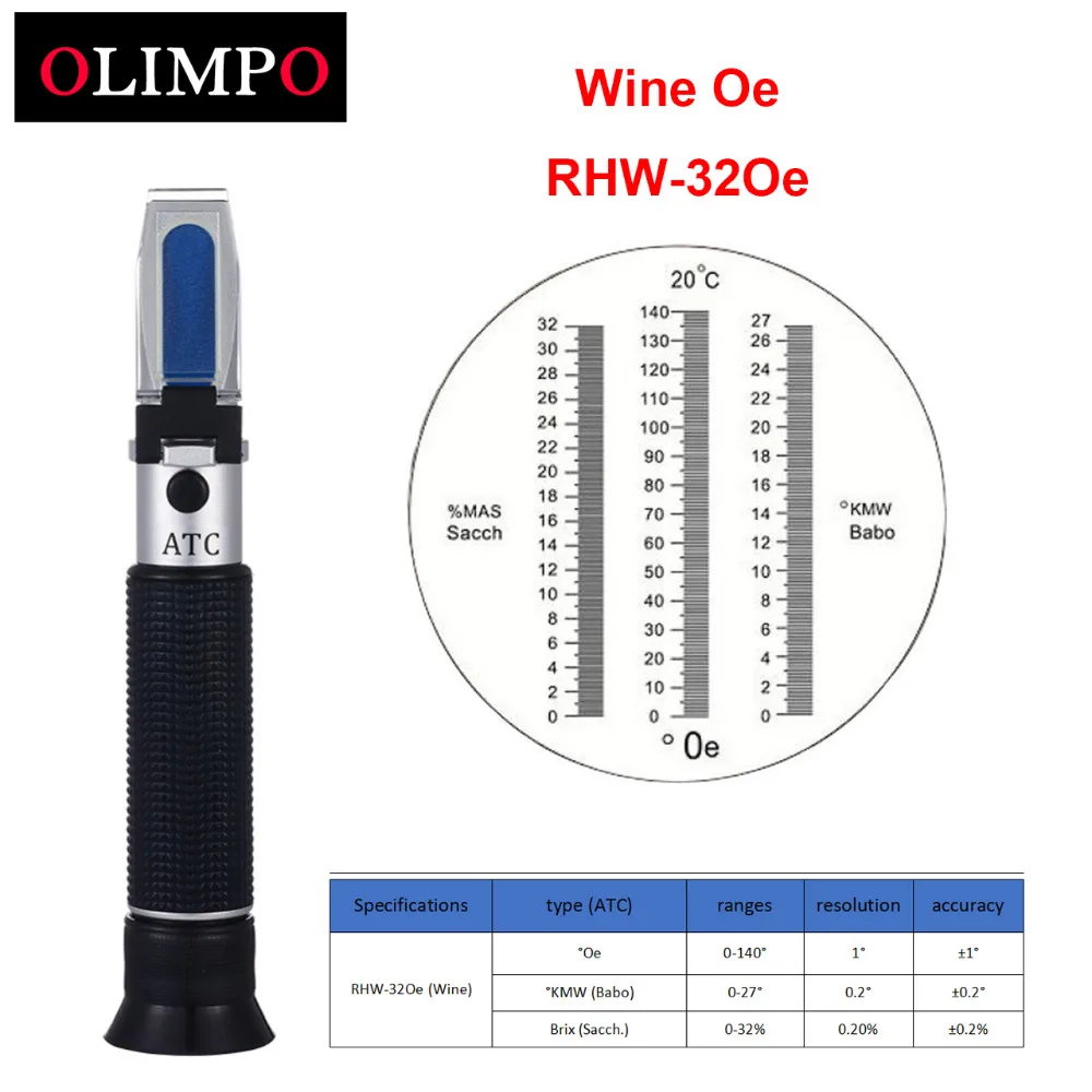 

olimpo wine Refractometer RHW-32Oe Grape Homebrew 0-32% Brix Saccharose 0-140'Oechesle 0-27'KMW Babo Wine Tester