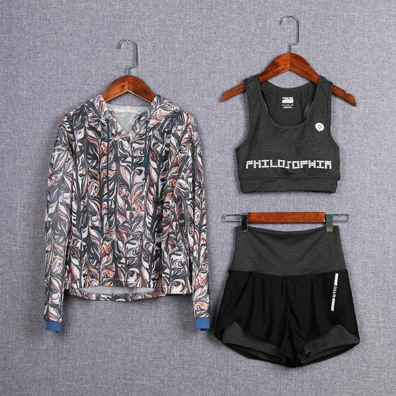 

2017 workout sports suits women yoga fitness gym clothing sets 3 pieces set women running shorts+bra+jacket sportswear tracksuit