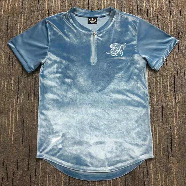 Мужская летняя хлопковая шелковая бархатная ткань футболка хип-хоп нерегулярная молния футболка Топ Мужская удлиненная футболка с - Цвет: Blue