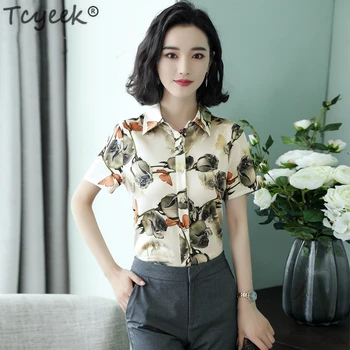 

Tcyeek Womens Tops and Blouses Summer Short Sleeve Blouse Plus Size Real Silk Shirts Korean Fashion Clothing Blusas 2020 LWL1575