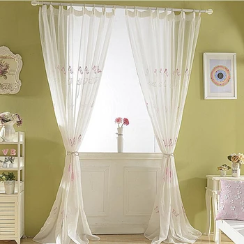 

Pastoral Embroidered Window Sheers Drapes White Dandelion Tulle for Windows Pink Butterfly Curtains for Living Room