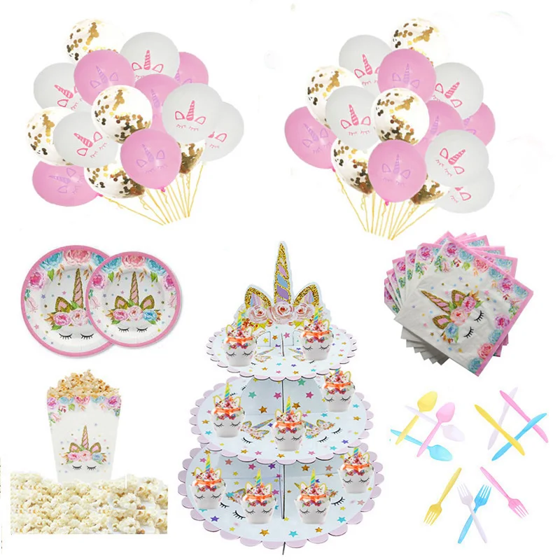 

JOY-ENLIFE Birthday Party Tableware Set Unicorn Shape Happy Birthday Banner Plate Popcorn Box Baby Shower Wedding Party Supplies