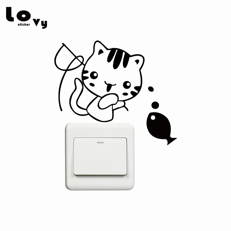 Cute Kitten Fishing Switch Sticker Creative Cartoon Cat Vinyl Wall Sticker for Kids Room Bedroom Home Decor Cute Kitten Fishing Switch Sticker Creative Cartoon Cat Vinyl Wall Sticker for Kids Room Bedroom Home Decor