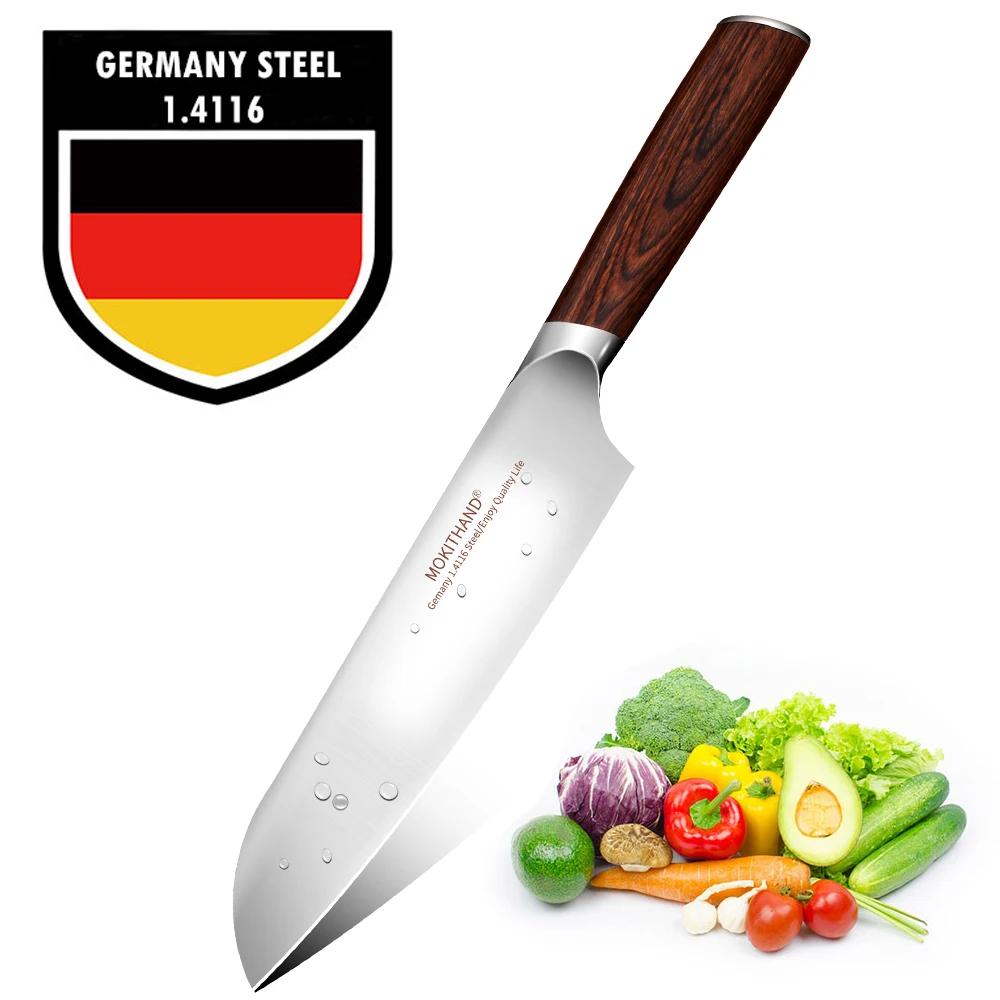 Нож Mokithand Santoku, 7 дюймов, японские кухонные ножи, Германия, 1,4116 сталь, Профессиональный кухонный нож для овощей, мяса, шеф-повара