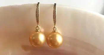 

free shipping elegant pair of 10-11 south sea round gold pearl dangle earring 18k