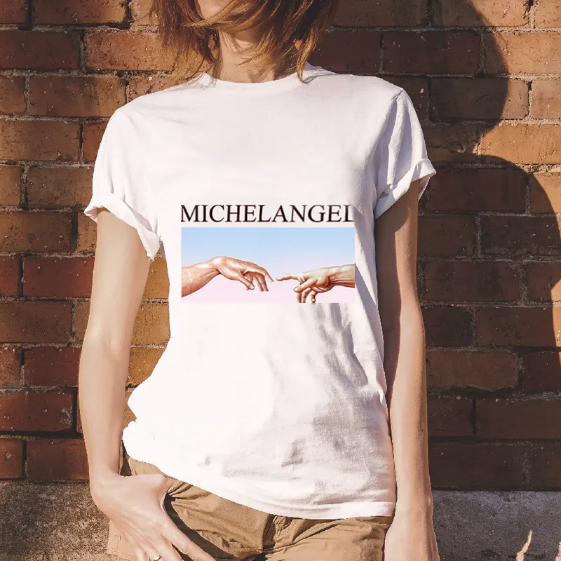 النساء المتناثرة الجمالية تي شيرت أبيض فام قصيرة الأكمام Ulzzang قمم تيز فوج الرسومات التي شيرت زائد حجم الكورية الملابس