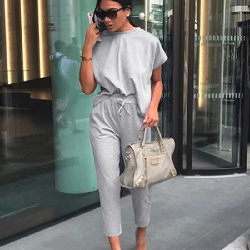 

Women T-shirt Pants Set Round Neck Short Sleeve Tops Pockets Lace-up Pants XRQ88