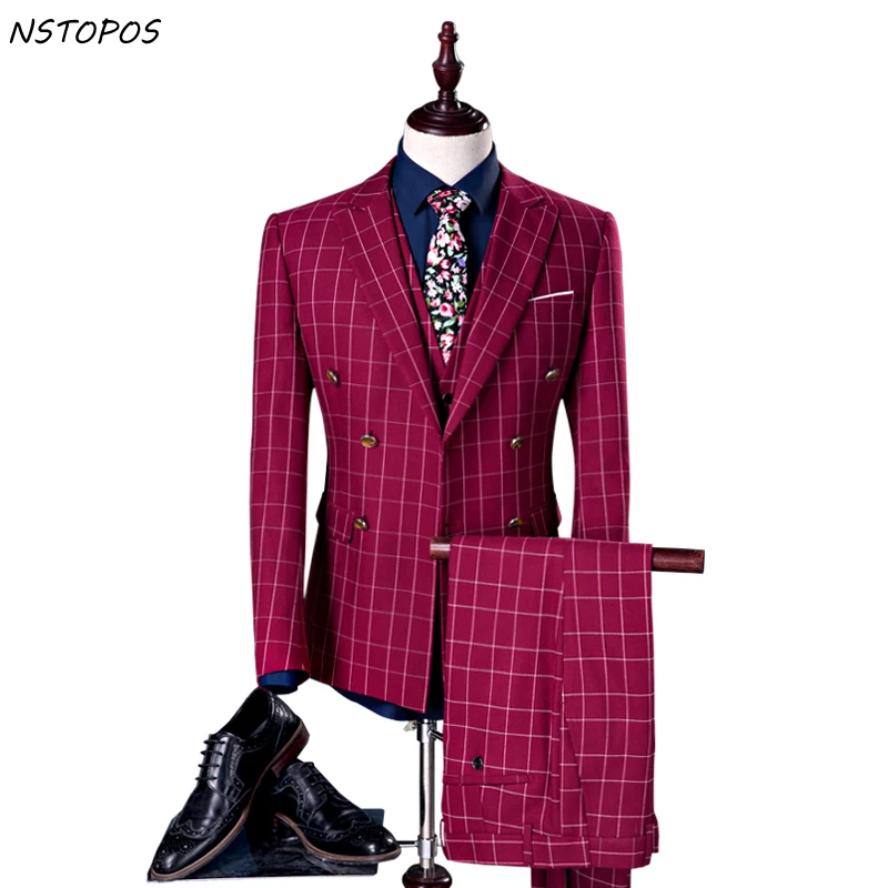 Double Breasted Plaid Suit Red Wedding Party Prom Groom Suit Costume