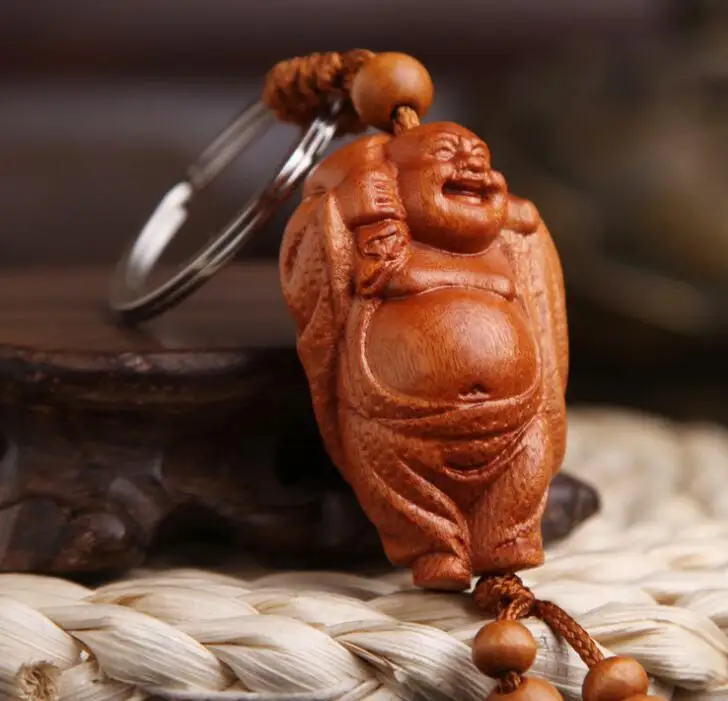

Chinese Peach Wood Carved Maitreya Buddha Happy Buddha Big Belly Buddha Exquisite Car Key Chain Pendant