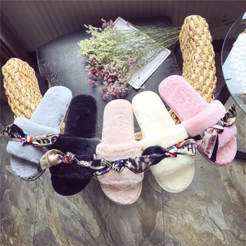 

COOTELILI Winter Fashion Women Home Slippers Warm Shoes Woman Slip on Flats Silk Bowtie Ladies Fur Slides Plus Size wholesale